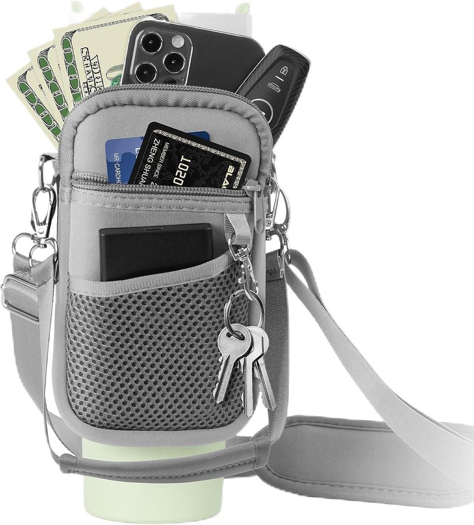 ALIENSX Water Bottle Carrier with Phone Pocket - Compatible with Stanley 40/30 oz Tumbler - Adjustable Strap & Carabiner - Ideal Stanley Cup Accessory