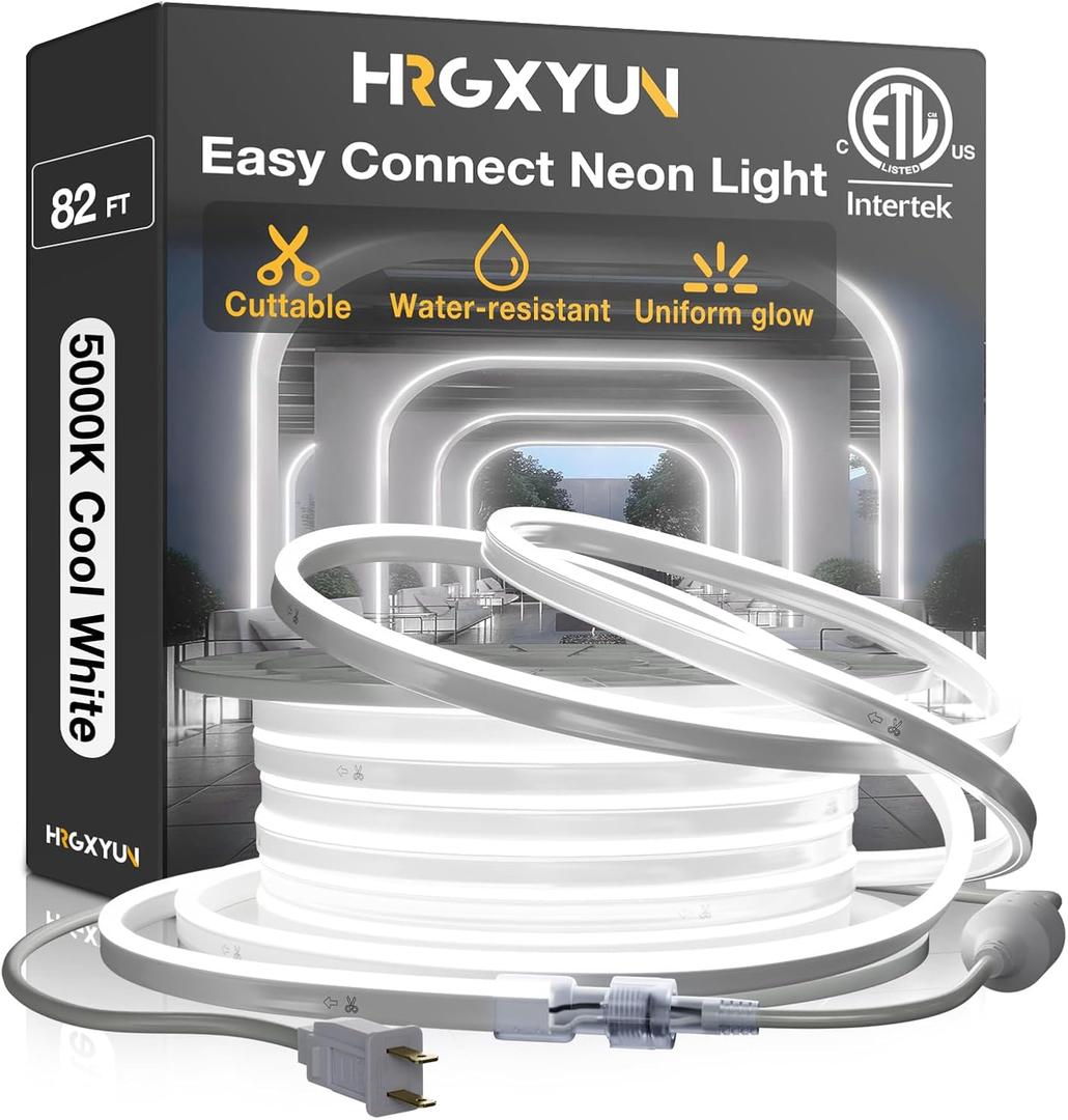 LED Neon Rope Light, 82ft Commercial LED Neon Strip Light Outdoor Waterproof,ETL Listed 5000K Cool White LED Rope Lights for Room,Building,Home,Celebration,110v