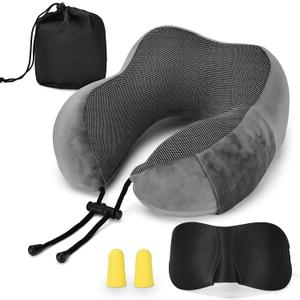ATOMUS Neck Pillow Set with Eye Mask & Earplugs - Memory Foam Travel Pillow, Adjustable Strap, Removable Cover, 360° Support for Airplane, Office, Home