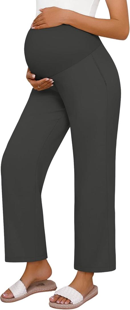 Huukeay Women's Cotton Linen Blend Maternity Pants, High Waisted Lounge Pregnancy Pants Over The Belly Trousers with Pockets (Black, S)