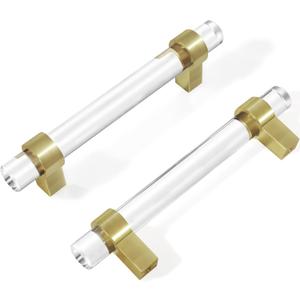 2 x 3-3/4 Inch Brass Cabinet Pulls, Clear Glass Crystal Gold Drawer Pulls and Handles (96mm, 10 Pack)