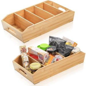 2 Pack Bamboo Pantry Organizers, Storage Bin with Removable Dividers, Divided Snack Oragnizer with Handle, Stackable Cabinet Basket, Drawer Caddy for Kitchen Office Packets Sauce Pouches