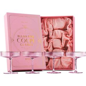 GLASSIQUE CADEAU Vintage Art Deco Blush Pink Coupe Glasses with Gold Rims | Set of 4 | 7 oz Crystal Ribbed Cocktail Glassware for Drinking Champagne, Martini, Cosmopolitan | Girly Speakeasy Saucers