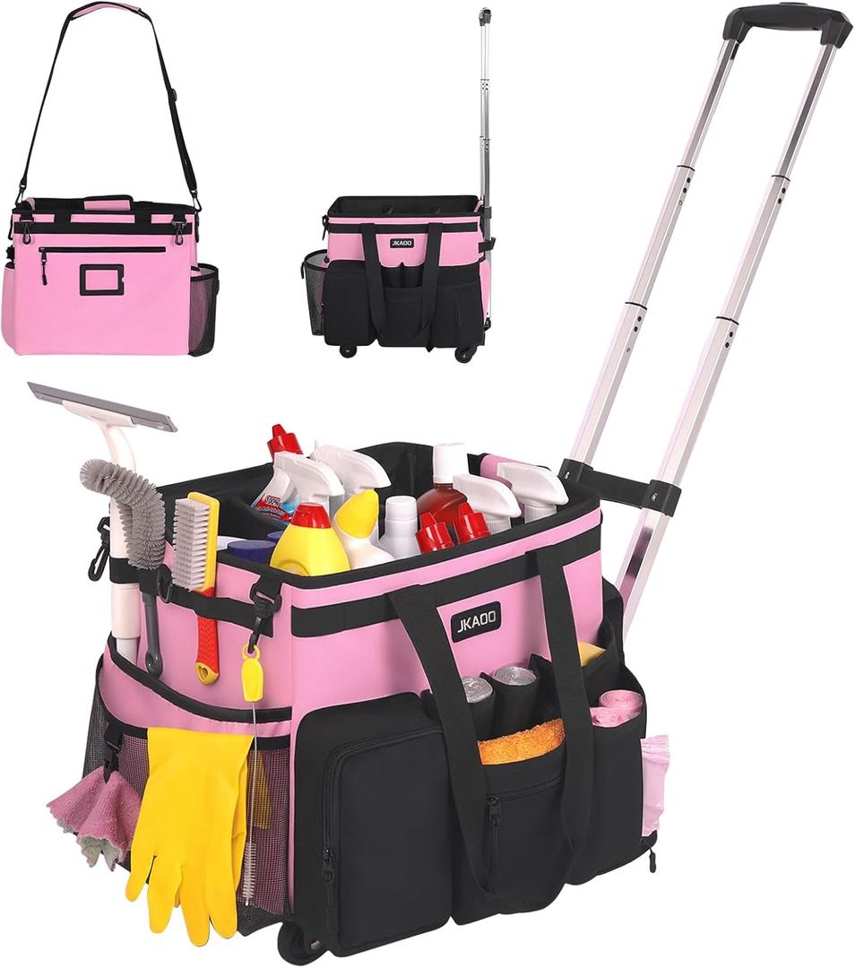 Large Rolling Cleaning Caddy Bag with Detachable Trolley, Waterproof Cleaning Caddy on Wheels for Housekeepers, Cleaning Cart Supplies Organizer for Home,Car,Office,Picnic (Pink) (in Patent) (16"L *11.8"W *13"H)