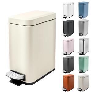 1.3 Gallon Slim Small Trash Can with Lid Soft Close, Stainless Steel Garbage Can for Bathroom Bedroom Office, Rectangular Step Trash Bin with Removable Inner Waste Basket (Beige)