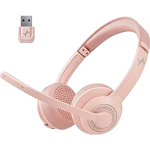 JIAMQISHI Wireless Headset with AI Noise Cancelling Microphone Bluetooth Headset  Bluetooth V5.2 Headphones with USB Dongle & Mic Mute for Computer/Laptop/PC/iPhone/Android/Cell Phones (Pink)