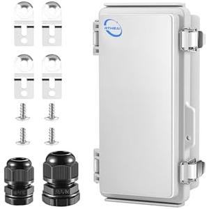 RTHIEAI Waterproof Outdoor IP67 Junction Box (7.9"x3.9"x2.8") with Mounting Plate, Hinged Grey Cover and Wall Brackets - Weatherproof ABS Plastic Electrical Enclosure for DIY Projects (200x100x70mm)