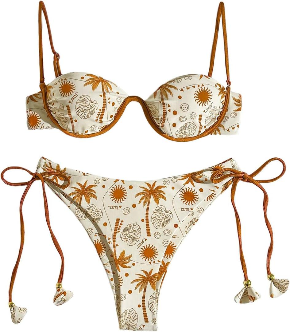 Women's 2 Piece Tropical Underwire Bathing Suit Spaghetti Strap Push Up Swimsuit Boho Bikini Sets (Beige) X-Small