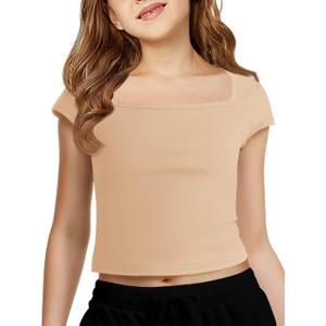 Haloumoning Girls Crop Tops Summer Short Sleeve T Shirts Kids Square Neck Slim Fit Basic Tee (5-6 Years, Beige)