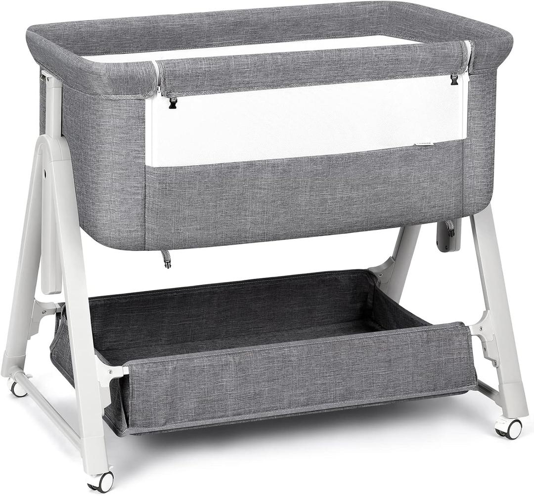 Cowiewie Bassinet Bedside Sleeper, Baby Bassinet with Adjustable Height & Angle XL Storage Bag & Breathable Mesh Bedside Bassinets for Baby, C-Section Friendly (Dark Gray (Dark Grey)