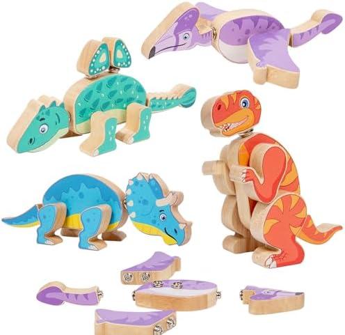 JugueteLand Wooden Dinosaur Blocks, Snap Together Building Toys, Dinosaur Take Apart Toy Playset for Kids, Fine Motor Skill STEM Learning Toys for Toddlers Gift for 3 4 5 6 Years Kids