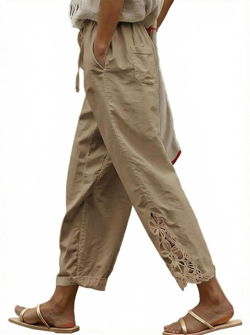 Acelitt Womens Casual Linen Pants Lightweight Drawstring Elastic Waist Fall 2026 Beach Ankle Capri Pants Trousers Beige Medium