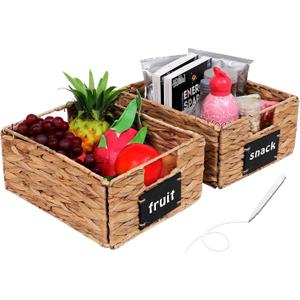 Set of 2 Water Hyacinth Storage Baskets 11x9x4.9inch Collapsible Wicker basket with Chalkboard Labels and Chalk Marker Rectangular Woven Storage Bin Organizers for Kitchen Shelves