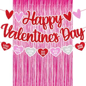 Happy Valentines Day Decorations Happy Valentine's Day Banner Glitter Pink Red Heart Shape Garland Pink Foil Curtains Be My Valentine Theme Party Supplies