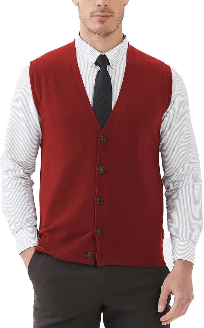 Kallspin Men's Sweater Vest Wool Blend V-Neck Button Sleeveless Cardigan Vest Sweater, Large