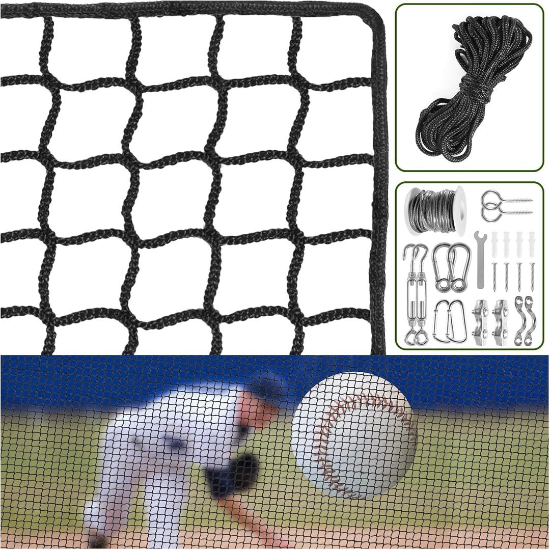 NQB Baseball Softball Backstop Nets - Heavy Duty Sports Nets, Sports Netting Barrier with 33FT Rope & Steel Hanging Kit, Sport Nets for Baseball Basketball Soccer Lacrosse Hockey (10x50FT)