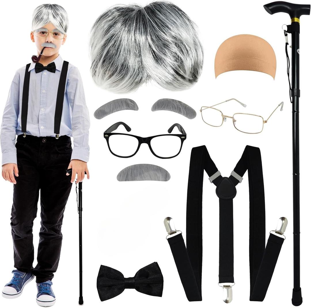 4E's Novelty Old Man Costume 10 Pcs Set for Kids ages 3-14 Years - 100 Days of School Costume for Boys Dress Up Accessories Includes Wig Cane