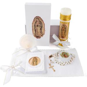 Baptism Candle Set for Boys and Girls,5 PCS Baptism Kit Virgen De Guadalupe Catholic Candle,Towel,Shell,Rosary,Bible for Baptismal Christening First Communion Gift,Velas para Bautizo De Nio o Nia