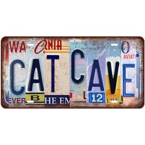 Cat Cave Metal Tin Sign Wall Decor Vintage Cat Cave License Plate Room Accessories Funny Cats Signs Bathroom Decor Street Sign Gifts for Home House 12x6 Inch (b04)