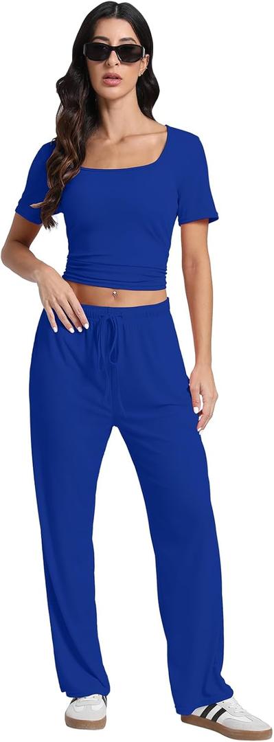 Women's 2 Piece Set Summer Outfits I Lounge Sets Short Sleeve Tops I High Waisted Wide Leg Pants Tracksuit Sets (X-Large)