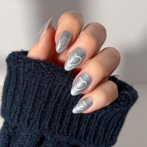 Glamnetic Press On Nails - Electric Lover | Short Almond Fake Nails in a Silver Iridescent Hue, Cat-Eye Magnetic Heart Designs in Velvet Finish | 15 Sizes - 30 Nail Kit with Glue
