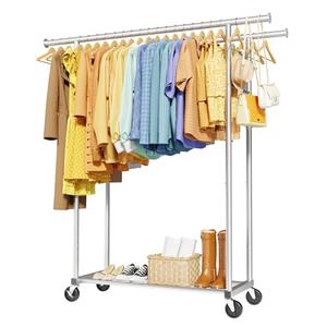 Sakugi Mobile Double Rod Clothes Rack, Freestanding Garment Organizer with Medium Load Capacity and Bottom Storage Shelf for Home Use,Silver