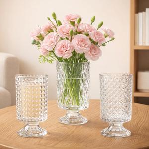 Set of 3 Embossed Glass Vase, Clear Vases for Flowers Centerpieces, 7'' Wide Mouth Pedestal Vase with Big Base, Cylinder Candle Holder Glass Bouquet Vases for Table, Wedding Home Decor