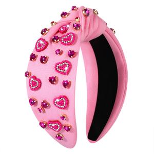 boderier Valentines Day Headband Red Pink Heart Headband Jeweled Crystal Knotted Valentines Lover Party Hair Accessory (Pink-Beaded Rhinestone Heart)