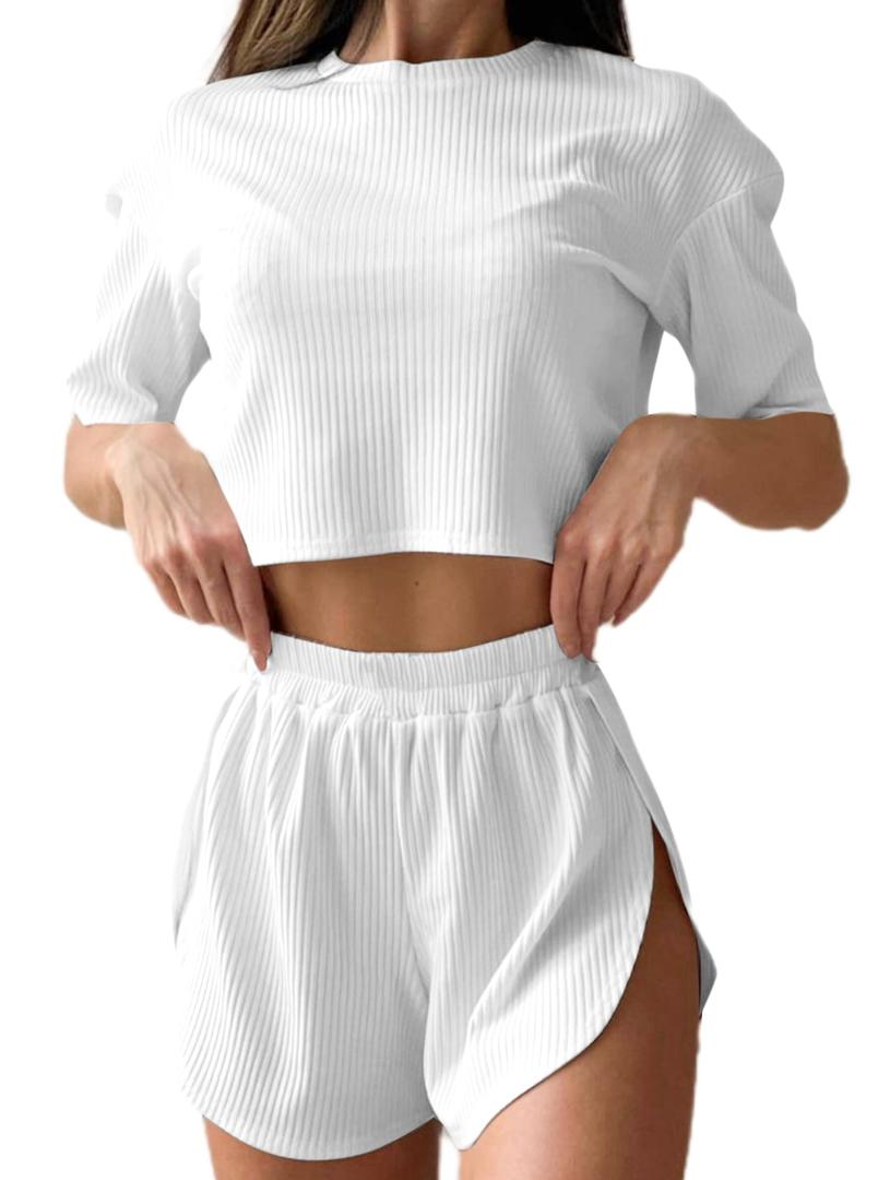 Remidoo Women's Short Sleeve T Shirts And Shorts Side Slit Crewneck Pajamas Set White Small (White)