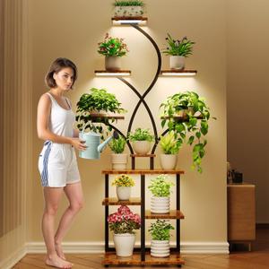 FRIZIONE 68 Inches Metal Plant Stand Indoor with Grow Lights, 10 Tier Lighted Plant Stands for Indoor Plants Multiple, Flower Spike-Shaped Tall Plant Shelf for Indoor Plants