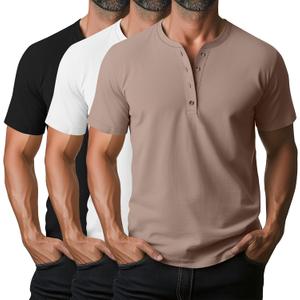 Ficerd 3 Pack Men's Henley T-Shirts Cotton Short Sleeve Casual Basic Tees Summer Loose Fit Oversized Solid Tops (X-Large, Black, White, Khaki)
