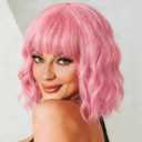 Pastel Pink Wavy Bob Wig for Women, Short Shoulder Length Synthetic Wig with Bangs, Natural Looking Lightweight Hairpiece for Gift & Cosplay Costume Party (14 Inch)