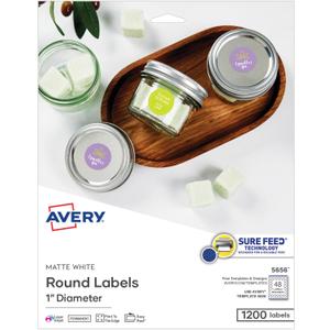 Avery Printable Round Labels, Sure Feed Technology, 1" Diameter, Matte White, Permanent Adhesive, Laser/Inkjet Printable, 1,200 Blank Labels, Great for Product Merchandising, Stickers, and More (5656)