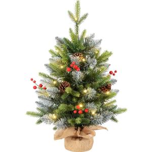24H Pre-lit Artificial Mini Christmas Tree with Timer, Tabletop Xmas Tree with 20 LED & Burlap Base, Decorative Table Tree for Christmas Party Festival Home Decor (Green/White)