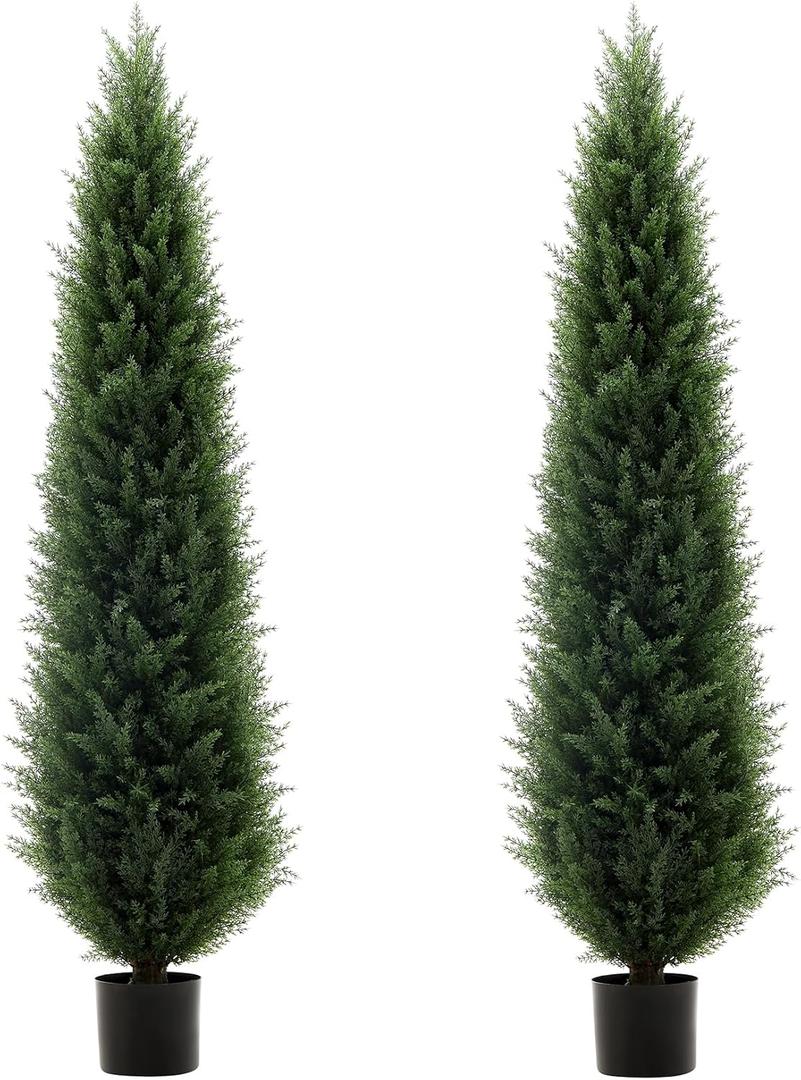5 ft Artificial Cedar Topiary Trees, 2 Pack UV Resistant Faux Outdoor Plants, Front Door Cypress Tree Decor Outdoor Entrance, Tall Fake Outside Plants, Evergreen Arborvitae Plastic Indoor Plant