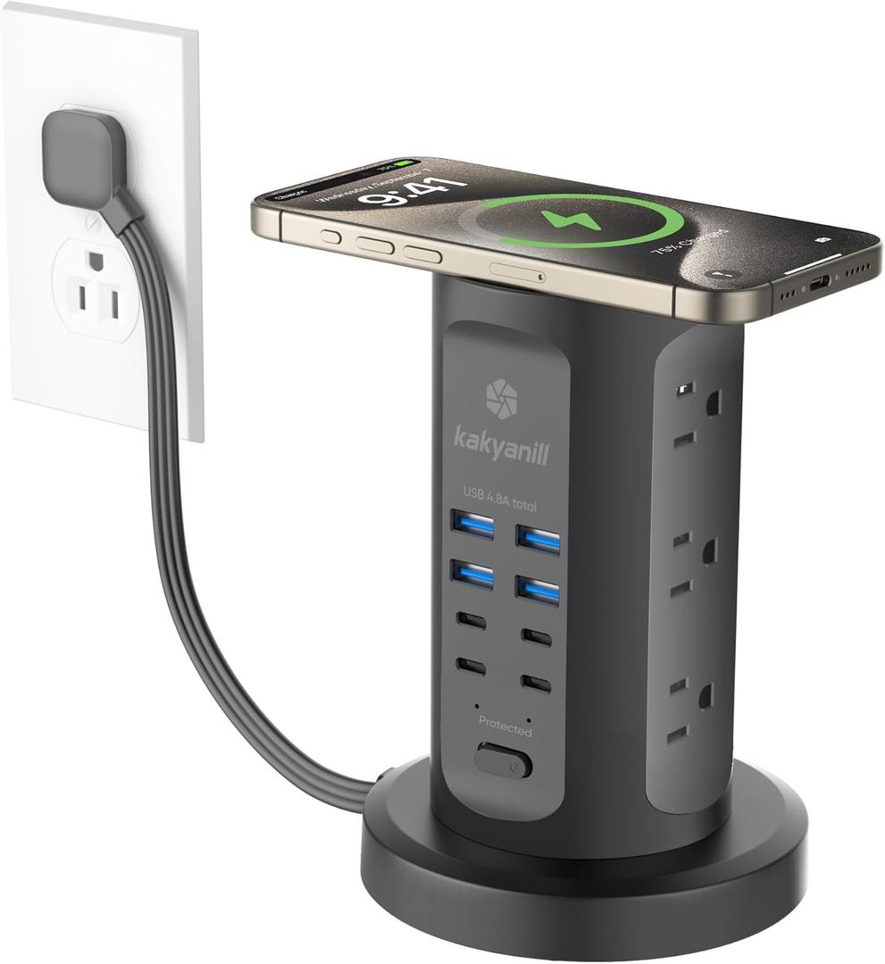 Power Strip Tower, kakyanill Surge Protector Tower 9 AC Outlets 8 USB (4 USB C), 6 Ft Retractable Extension Cord, Charging Station for Office Dorm Room, Black