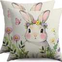 Easter Pillow Covers 18x18 Inch Set of 2 Cute Bunny Rabbit Spring Yellow Purple Pink Floral Butterfly Holiday Decorative Throw Pillowcases Outdoor Farmhouse Cushion Cases Decor for Sofa Couch Bed