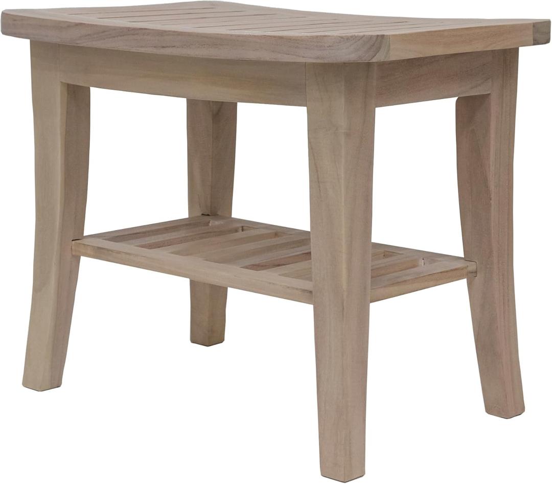 Redmon Genuine Teak Bench Seat, Sustainably Harvested, Natural Woodgrain Lime Wash Finish, Underseat Shelf, 20.25" W x 13.75" D x 17.00" Height