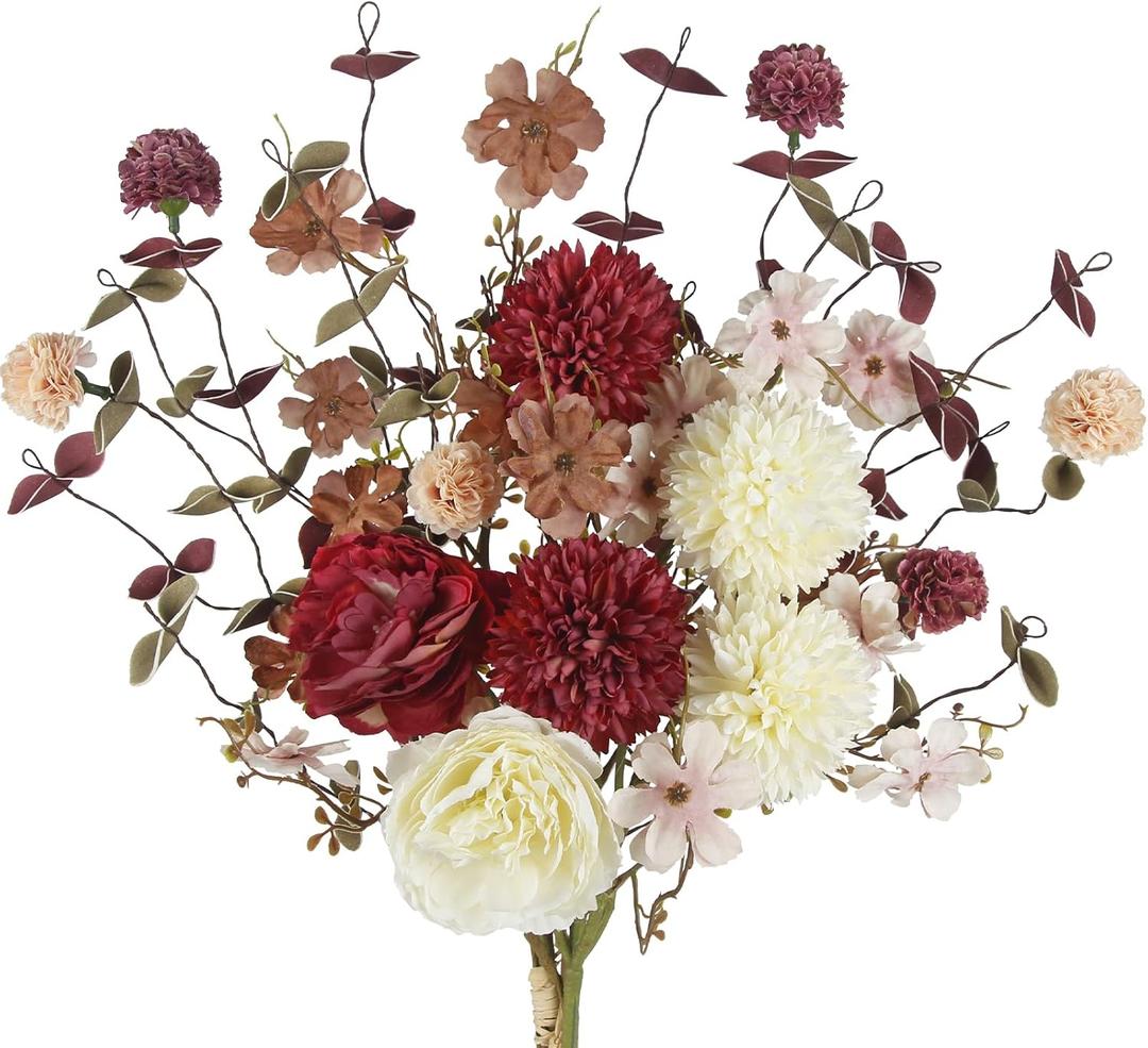 CISDUEO 2 Pcs Artificial Fall Flowers Bouquets Fall Fake Flowers Silk Roses Marigolds Autumn Flower Arrangement Fall Florals Stems for Bridal Thanksgiving Party Table Centerpiece Home Decor Burgundy (Burgundy, Brown, and White)