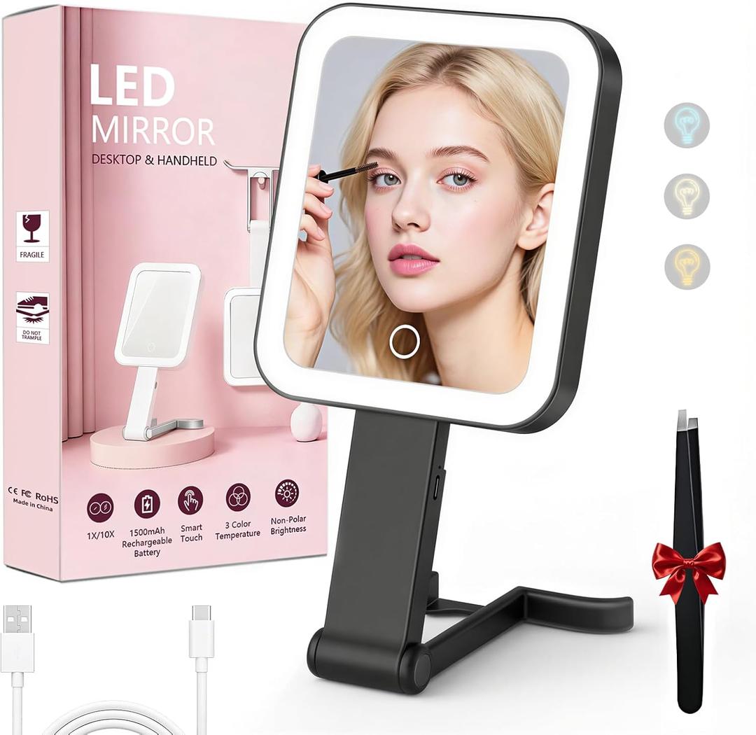Travel Mirror with Lights, 1500mAh Rechargeable, Double-Sided 10X/1X Magnification, 3 Color Lighting, Smart Touch Dimming, Precision Tweezers, Lighted Makeup Mirror for Desk, Trip, Home, Office, Black