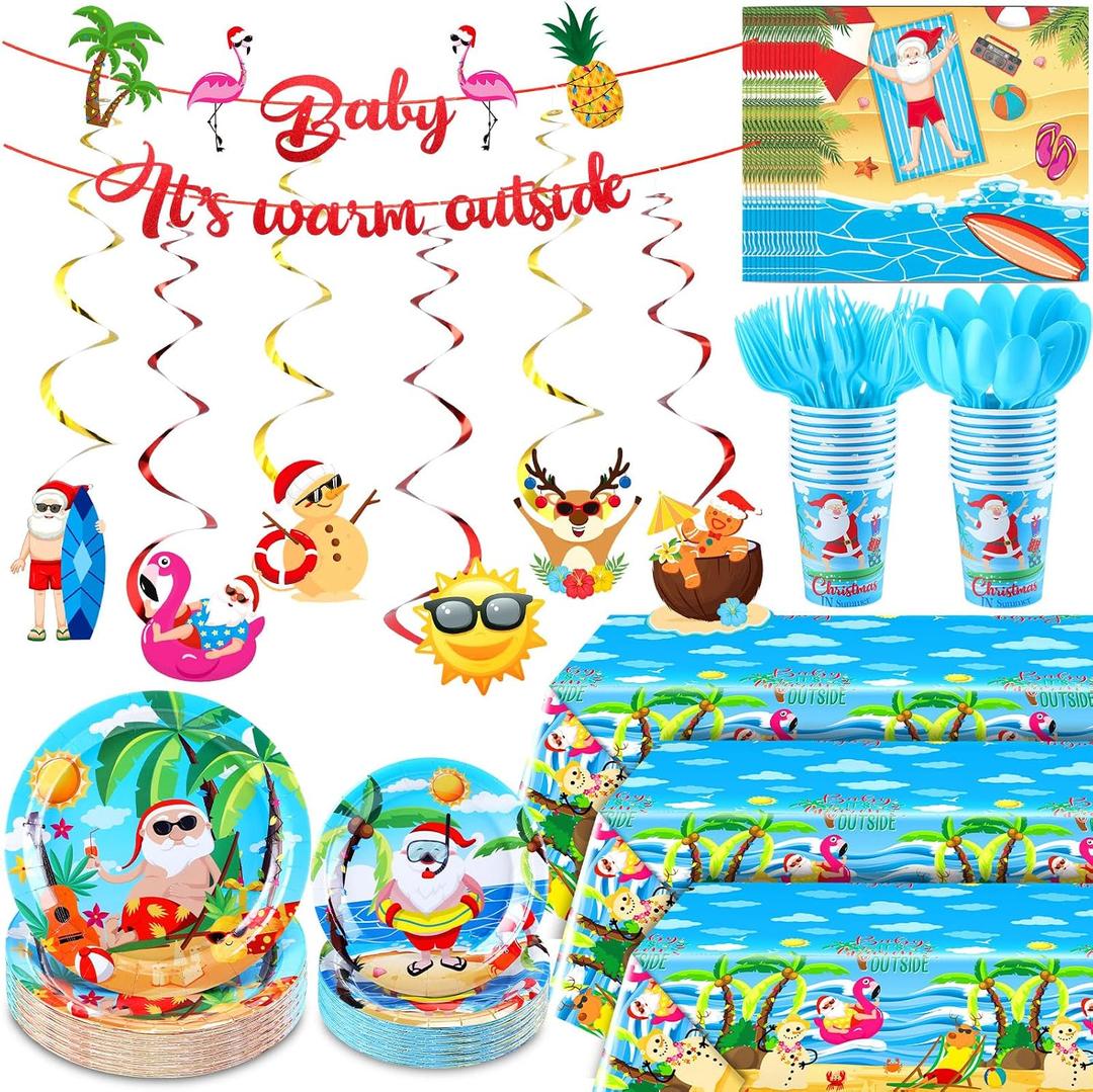 Teenyyou 148 Pcs Christmas in July Party Decor Summer Christmas Decoration Summer Party Supplies with Disposable Tablecloths Plates Cups Napkins Forks Spoons Banners for Xmas Pool Favors