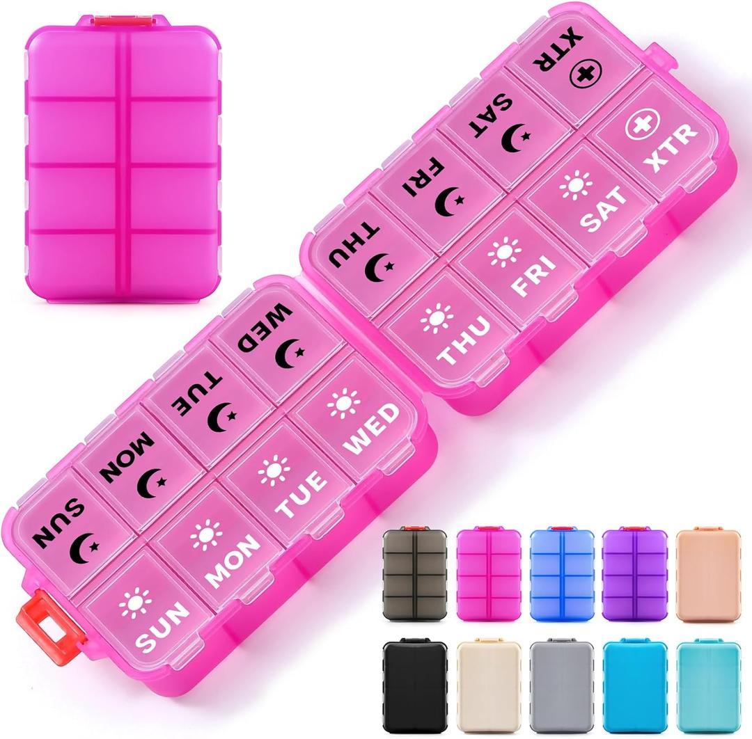 Foldable Weekly Pill Organizer 2 Times a Day with 2 Extra Compartments (Clear Printed Labels) - 7 Day AM PM Medicine Box, Week Daily Travel Pill Case Holder for Vitamin, Supplement - Clear Pink