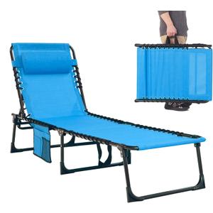 Folding Chaise Lounge Chair Bed - Heavy-Duty 400lb Capacity Portable Adjustable Recliner w/Pillow for Patio, Pool, Camping, Sunbathing - Lay Flat Design (Blue)
