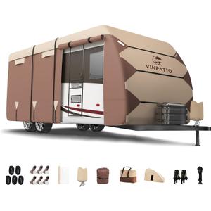 Oxford Fabric Travel Trailer RV Cover, Toy Hauler Cover Fits 16'-18' RV Heavy Duty 300D Ripstop Anti-UV Waterproof Windproof Camper Cover with Tongue Jack Cover, Extra Windproof Ropes