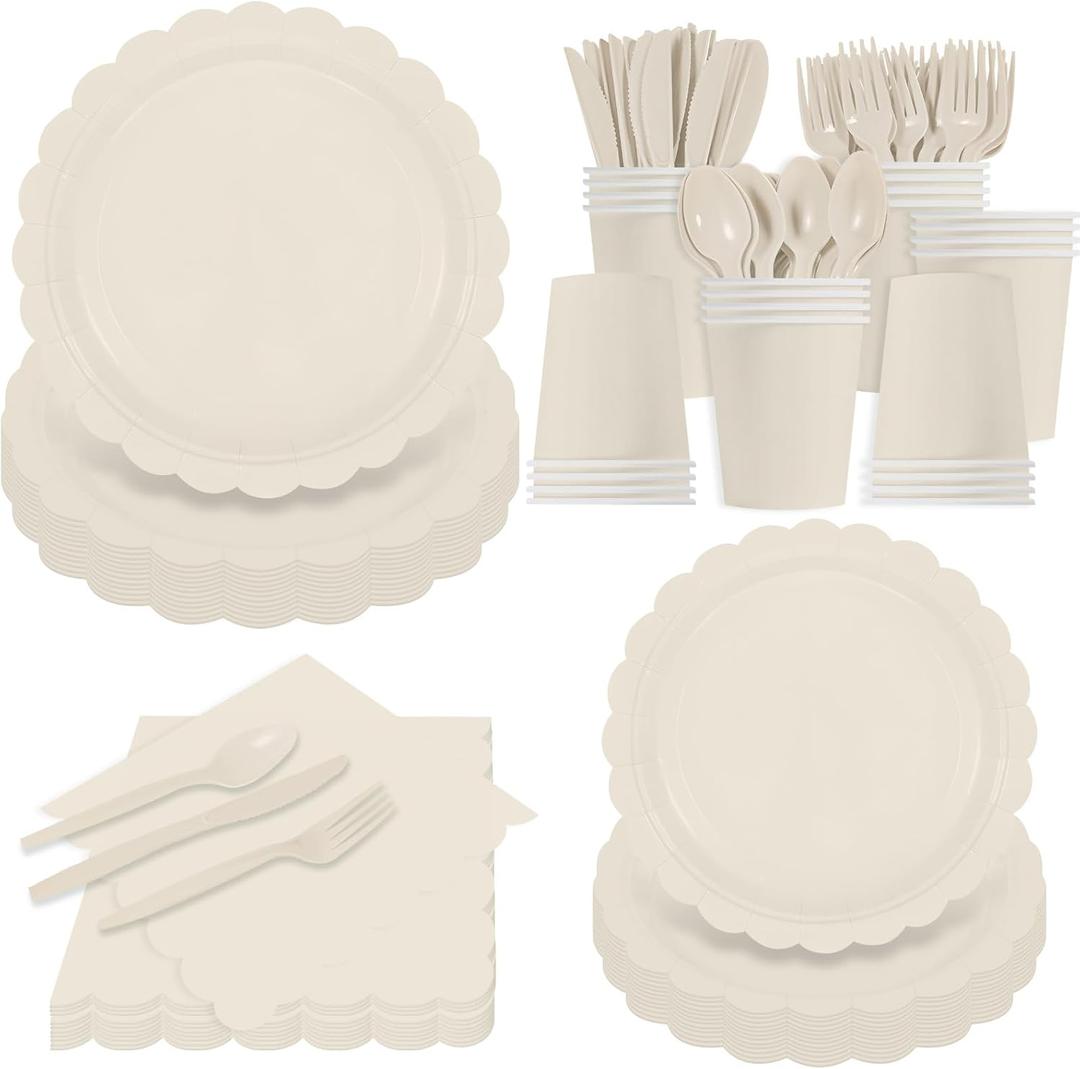140Pcs Ivory Plates and Napkins, Beige Party Supplies Include Scalloped Cream Paper Plates Napkins Cups Thanksgiving Plate Set for Birthday, Wedding, Bridal&Baby Shower (Ivory white)