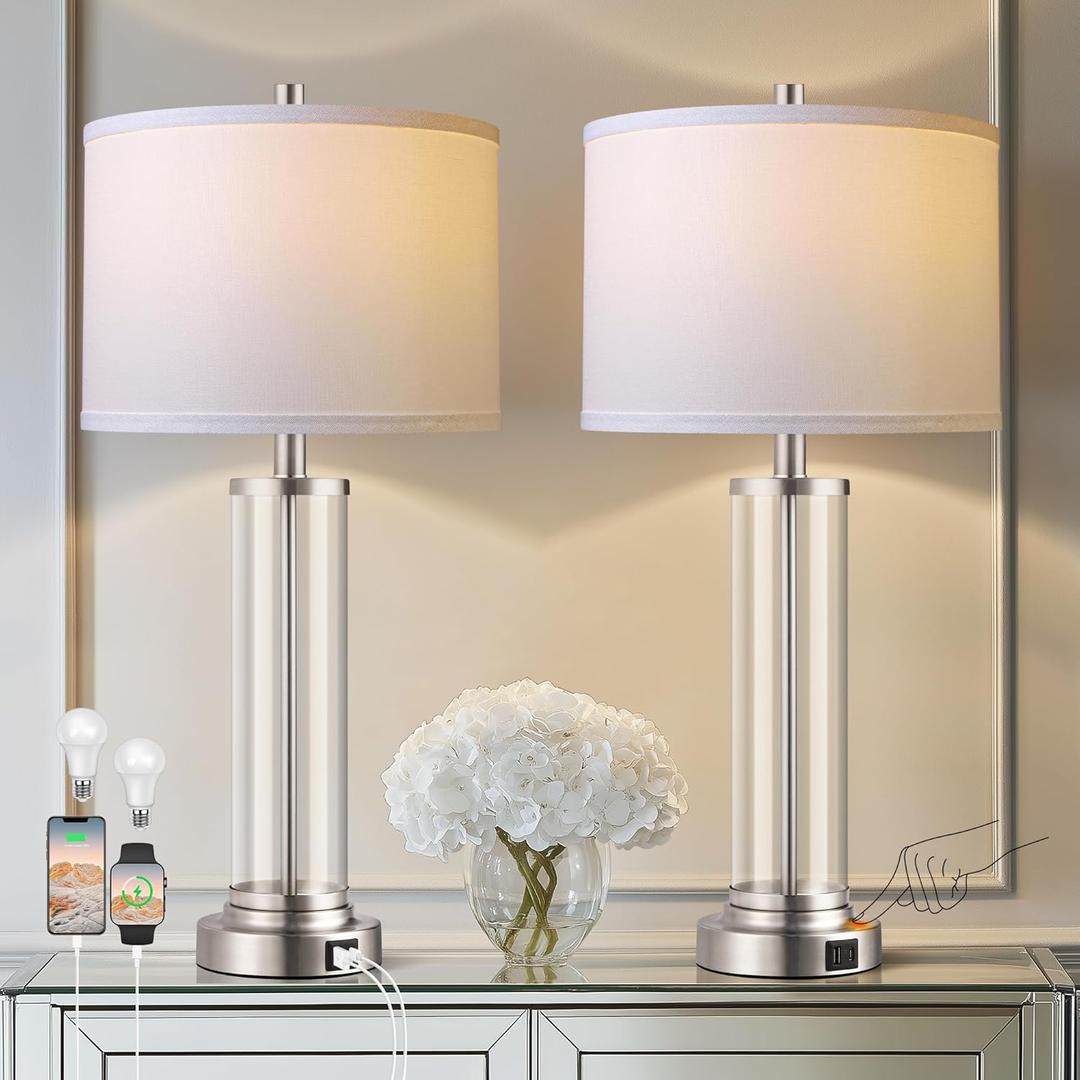 QiMH Touch Control Table Lamps Set of 2 with USB A+C Ports, 3-Way Dimmable Bedside Lamp for Living Room Bedroom House, Modern Nightstand Lamp with 2 LED Bulbs (Silver)