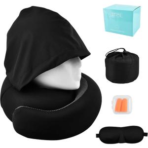 Travel Pillow - Hooded Neck Pillow for Travel, Airplane Neck Pillows Stowable Hood, Memory Foam Head Chin Support Pillows for Office/Airplane/Car(Color:Black)