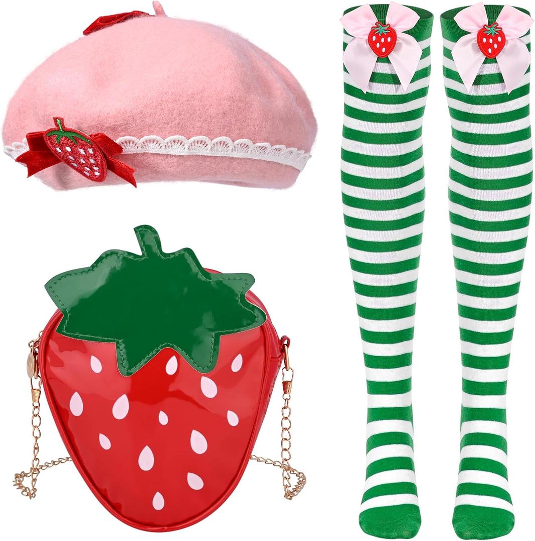 3 Pcs Halloween Strawberry Cake Costume Sweety Berry Accessories Bonnet Hat Thigh High Socks Bag for Women Halloween Cosplay Party Dress Up