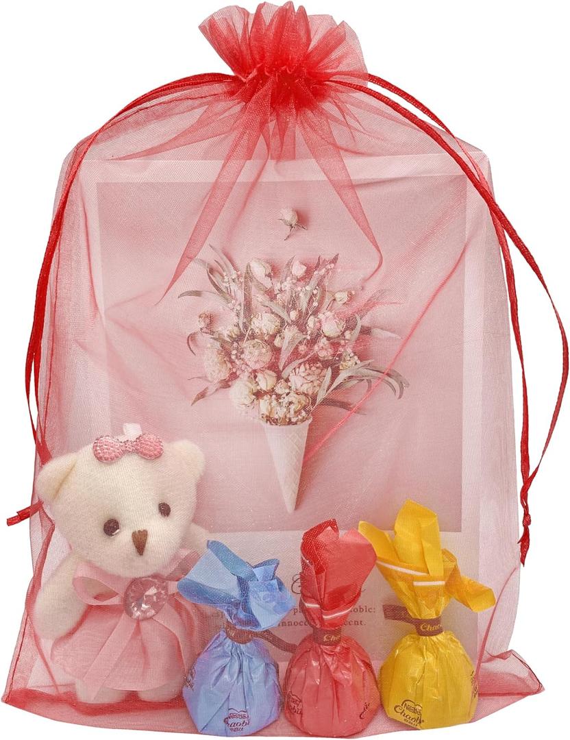 Jexila 50 Pack Red Organza Gift Bags 8X12 inch Mesh Valentines Drawstring Gift Pouch Party Favor Christmas Goody Treat Bags