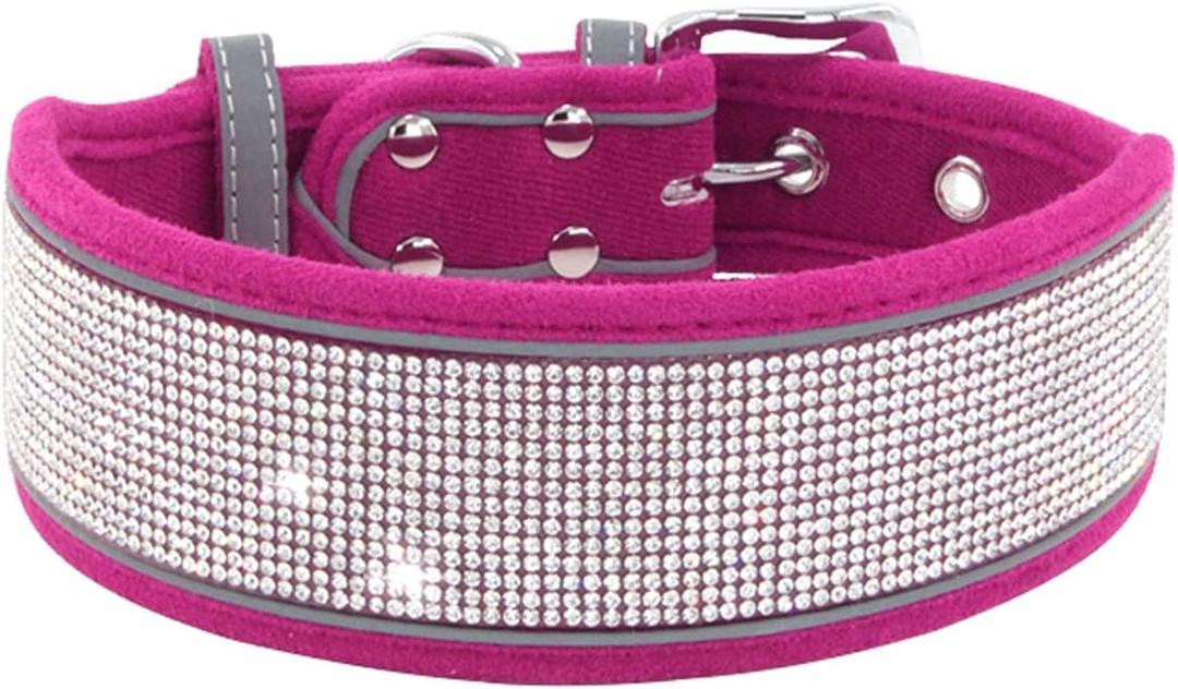 Rhinestone Dog Collar Soft Comfortable Stylish Dog Collar with Bright Reflective Stripe Adjustable Diamond Crystal Pet Collar for Small Medium and Large Dogs (S fit Neck 12-15", Hot Pink)